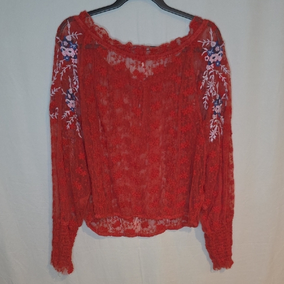 Free People Red Sheer Embroidered Blouse - Picture 3 of 3